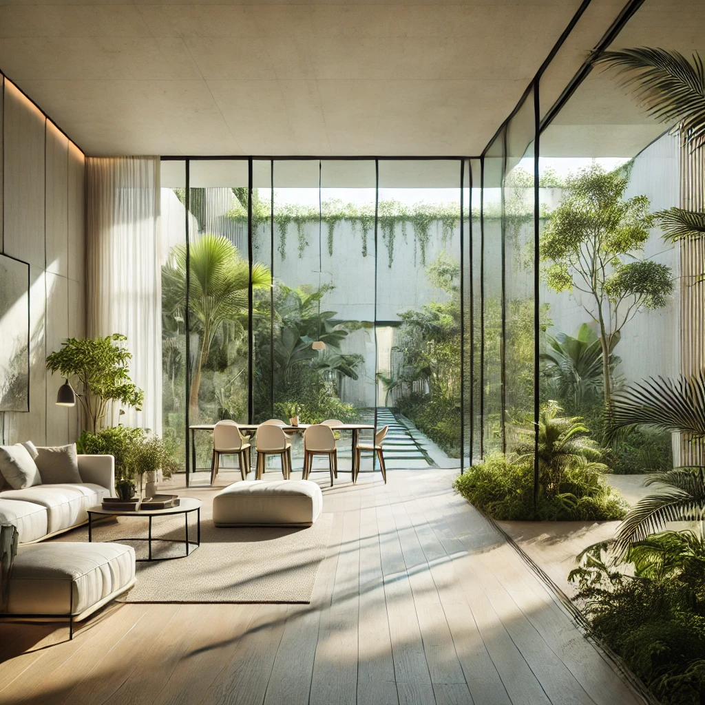 A modern living and dining space with floor-to-ceiling glass windows, lush greenery, and natural light, featuring minimalistic furniture and a seamless indoor-outdoor connection.