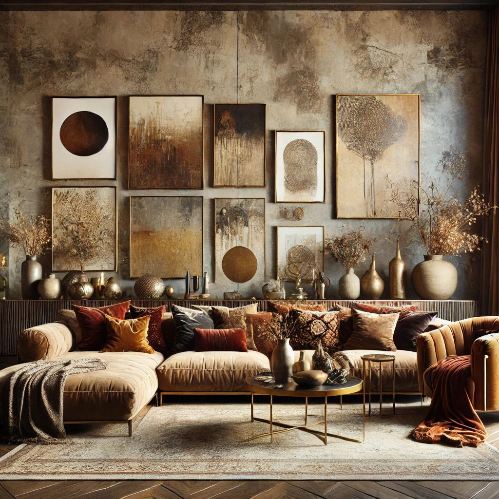 A maximalist-style living room featuring rough-textured walls, layered bold artwork, velvet seating, and rich warm tones, blending opulence with cozy design elements.
