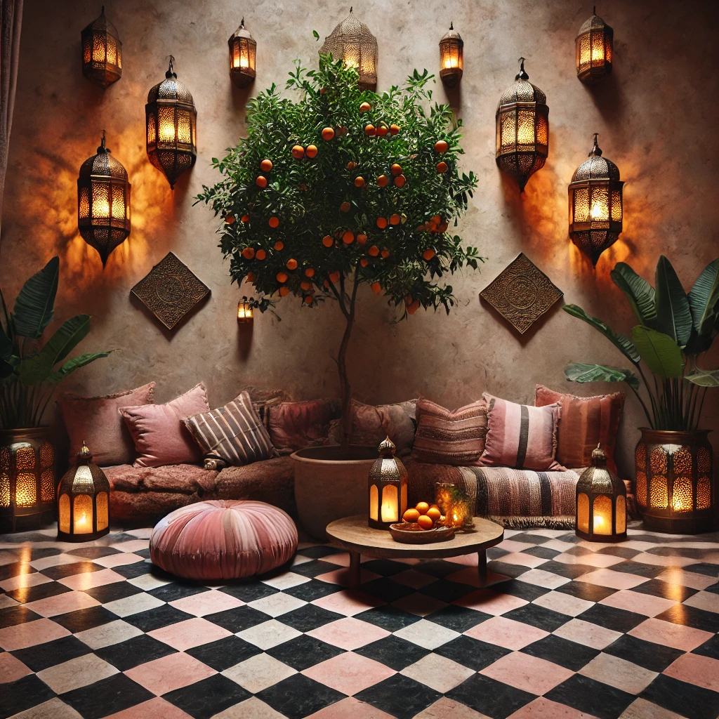 A luxurious, rustic-inspired indoor lounge area with warm beige textured walls, hanging lanterns, an orange tree, and a plush daybed featuring velvet cushions. The space is adorned with a patterned floor, creating an inviting and moody atmosphere.”