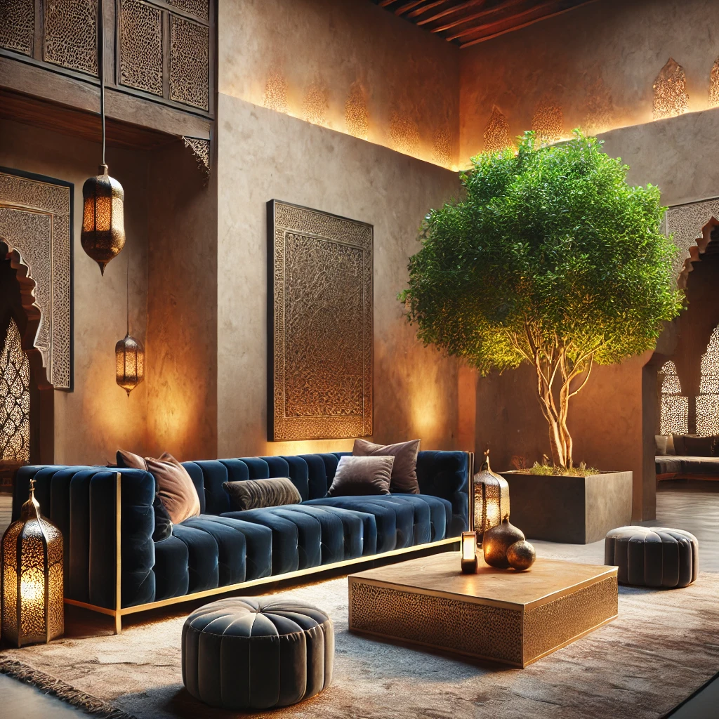 A Moroccan-inspired lounge with a luxurious deep blue velvet sofa, dark beige textured walls, ambient candlelit sconces, and a large green tree in the corner. The setting blends rustic charm with modern opulence, creating a warm and inviting space.