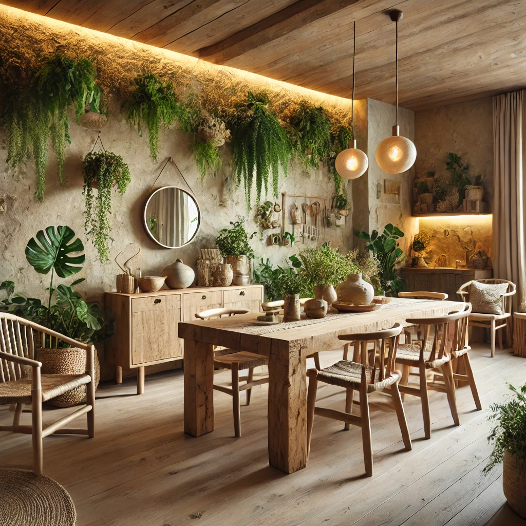 A sustainable living and dining space with warm LED lighting, natural wood dining table, recycled materials, and indoor greenery for an eco-friendly, minimalist design.