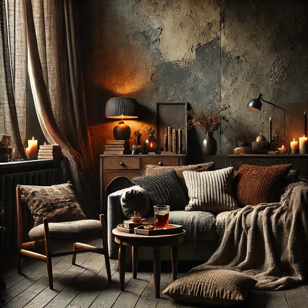 Cozy living space with a dark moody ambiance, featuring layered throws, warm candlelight, a rustic coffee table, and a velvet armchair.