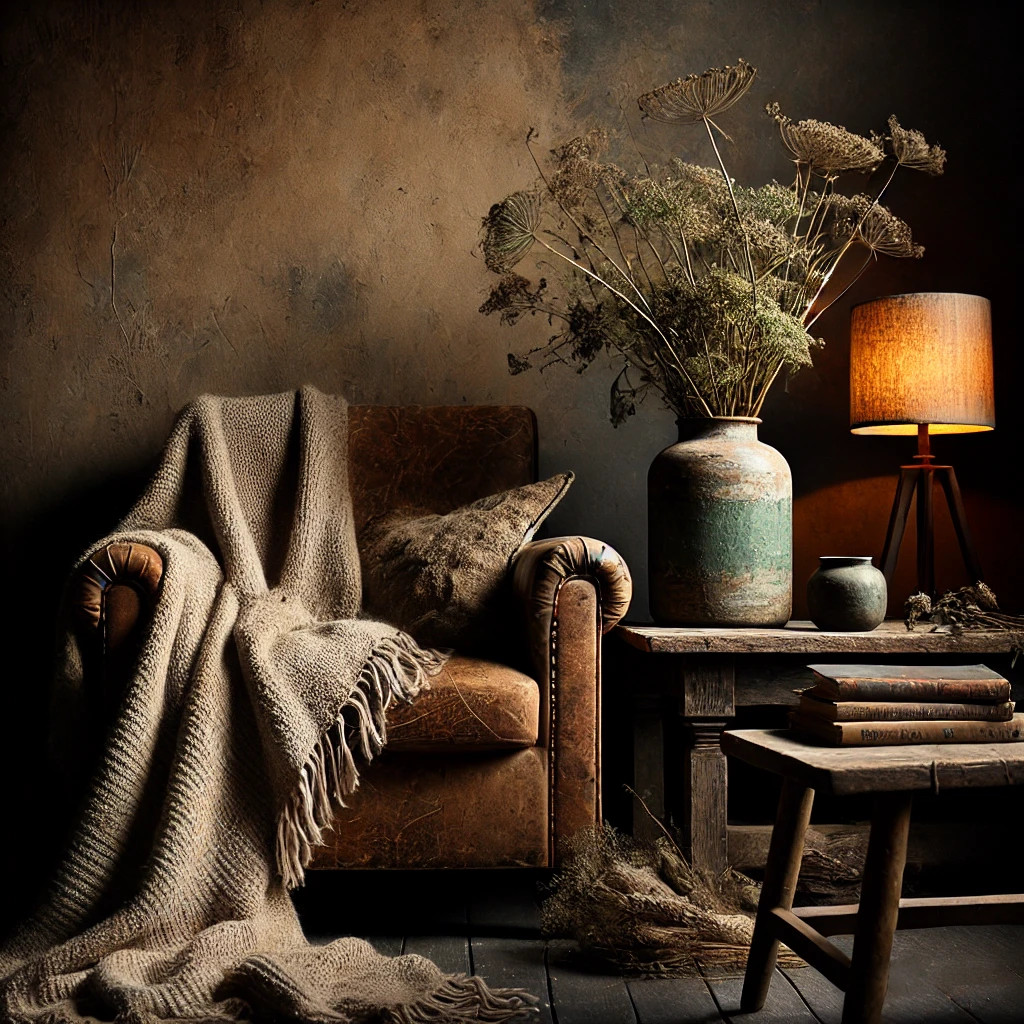 Moody reading nook with a rustic armchair, layered throws, a ceramic vase, and ambient lighting from a vintage table lamp.