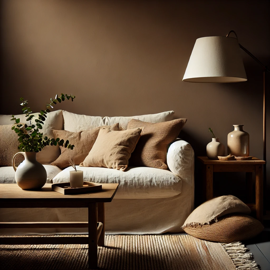 Cozy living room with a neutral palette, textured pillows, a linen sofa, and warm accent lighting, featuring natural wood decor and earthy tones.