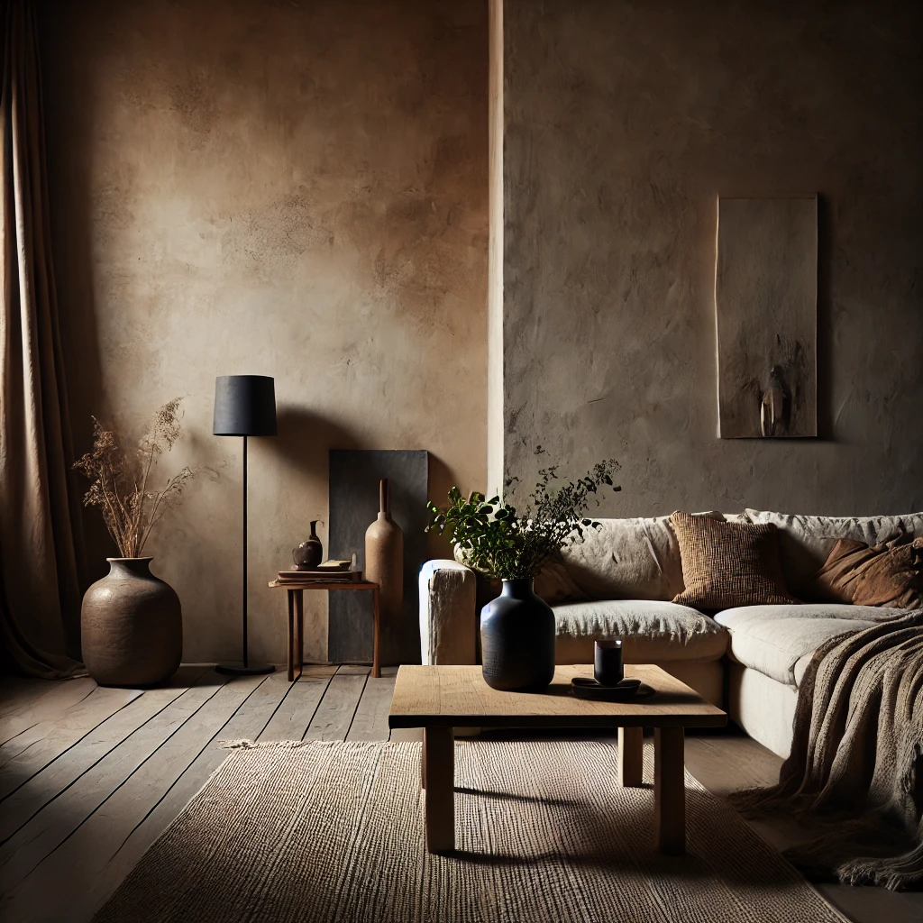 Minimalist living room with earthy tones, layered textures, and natural light, featuring a beige sofa, black vases, and a rustic coffee table.