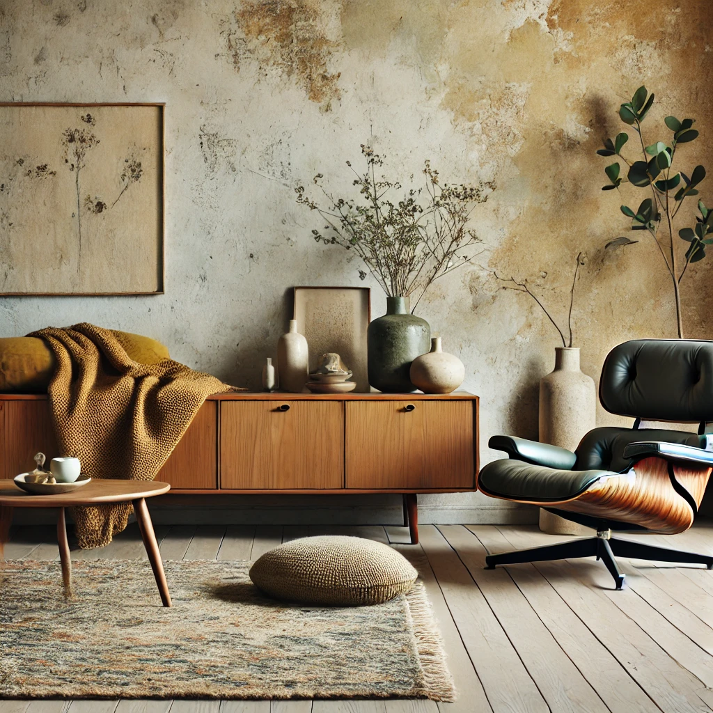 Discover the beauty of blending mid-century modern design with Wabi-Sabi elements—earthy textures, vintage teak furniture, and iconic pieces like the Eames lounge chair for a timeless and soulful space.