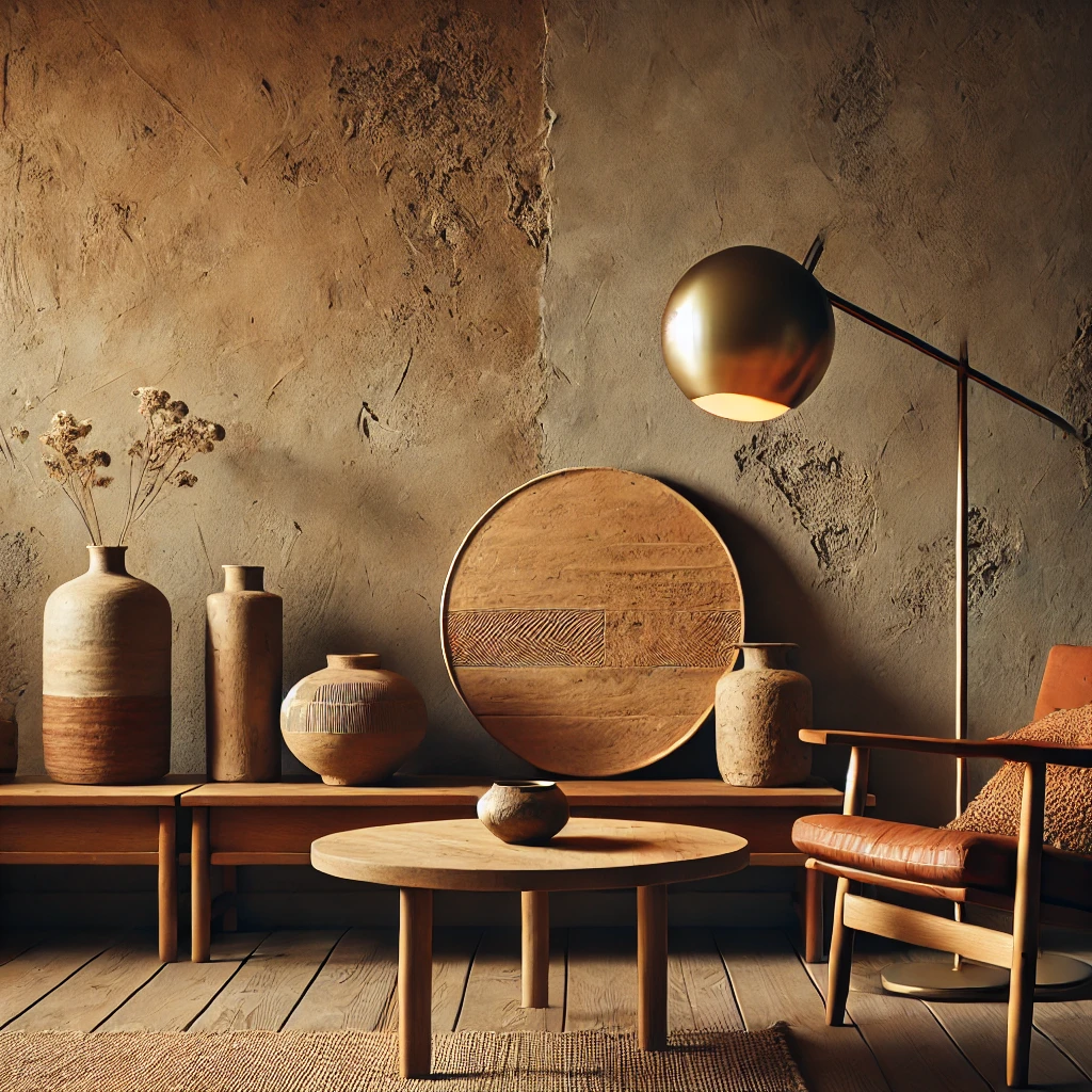 A warm mid-century modern living room with Wabi-Sabi influences, featuring a textured wall, vintage pottery, a brass floor lamp, and a leather accent chair.