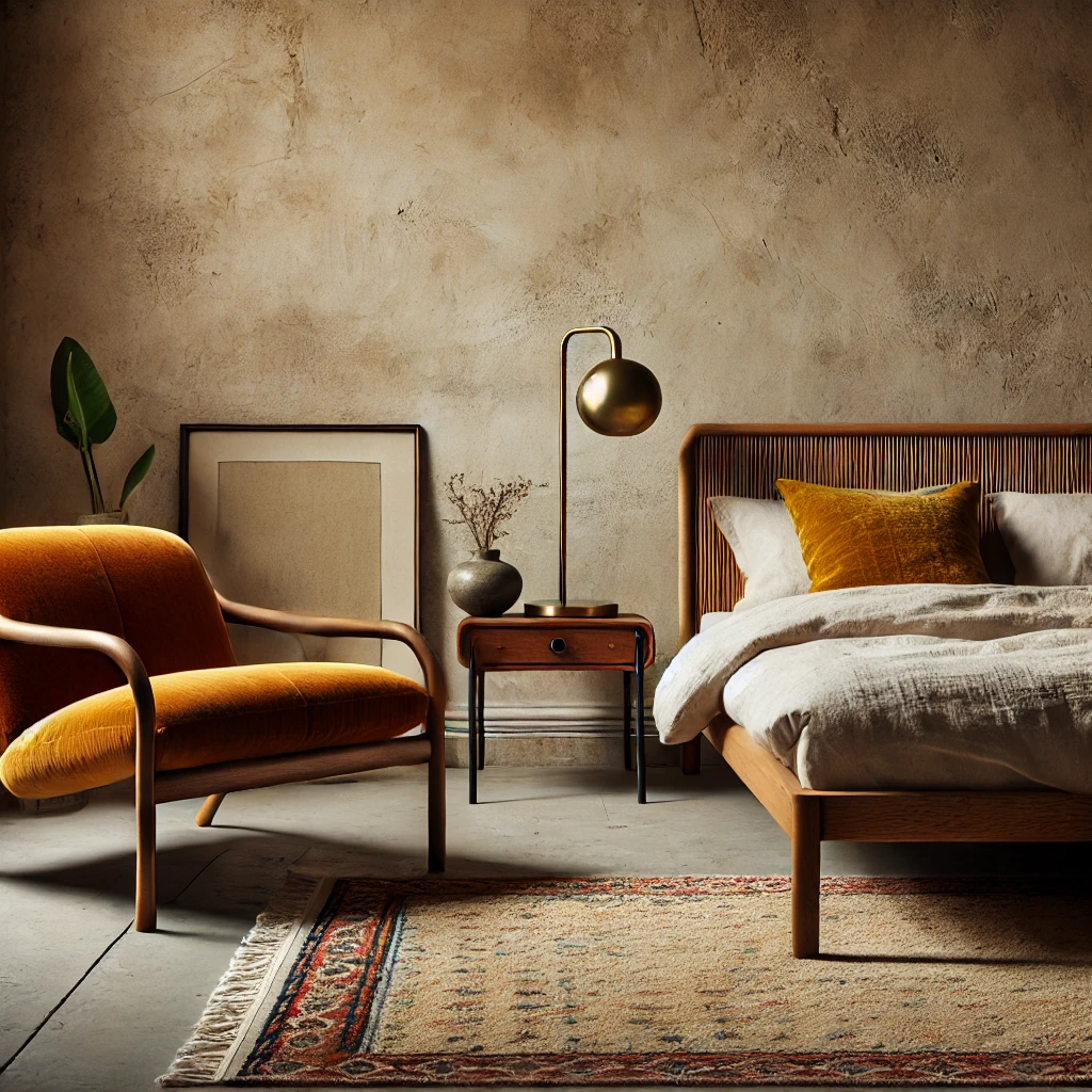 A cozy mid-century modern bedroom blending with Wabi-Sabi style, featuring a velvet armchair, textured walls, a woven headboard, a brass bedside lamp, and a vintage rug.