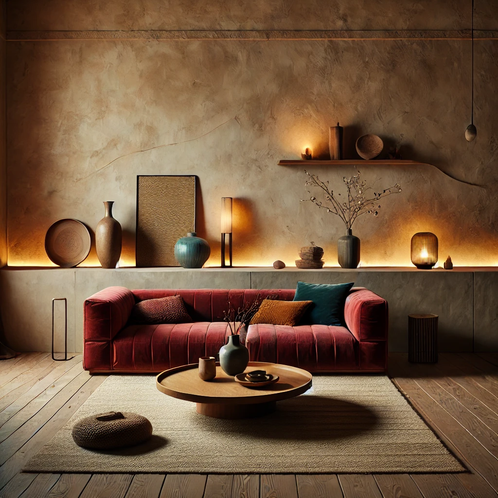 A mid-century modern living room with Wabi-Sabi influence, featuring a velvet red sofa, layered lighting, raw textured walls, ceramics, and a wooden coffee table with natural accents.