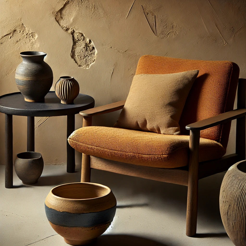 A cozy mid-century modern reading nook featuring a textured armchair, a black side table with ceramic vases, and earthy Wabi-Sabi-inspired decor against a raw beige wall.