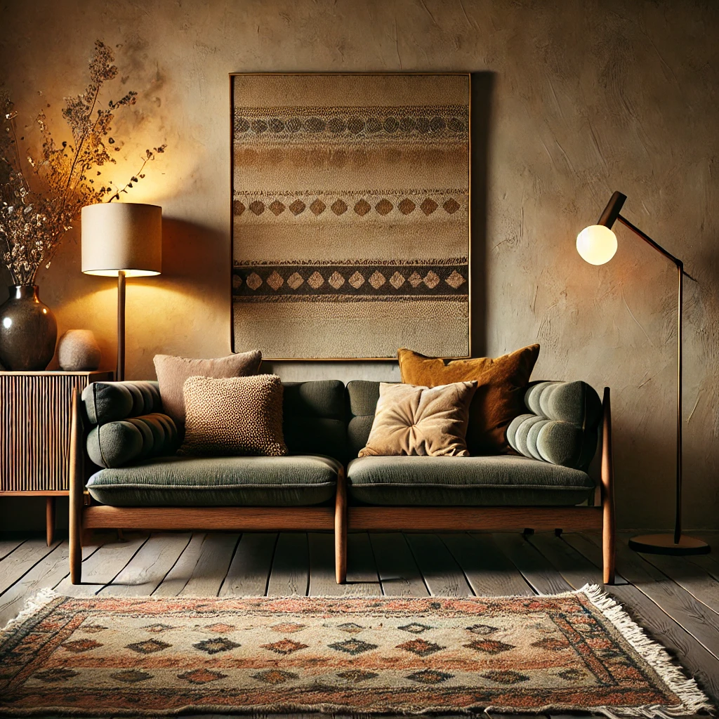 A cozy mid-century modern living room featuring a vintage green Togo sofa, a rustic coffee table, and warm ambient lighting, creating a relaxed and inviting atmosphere.