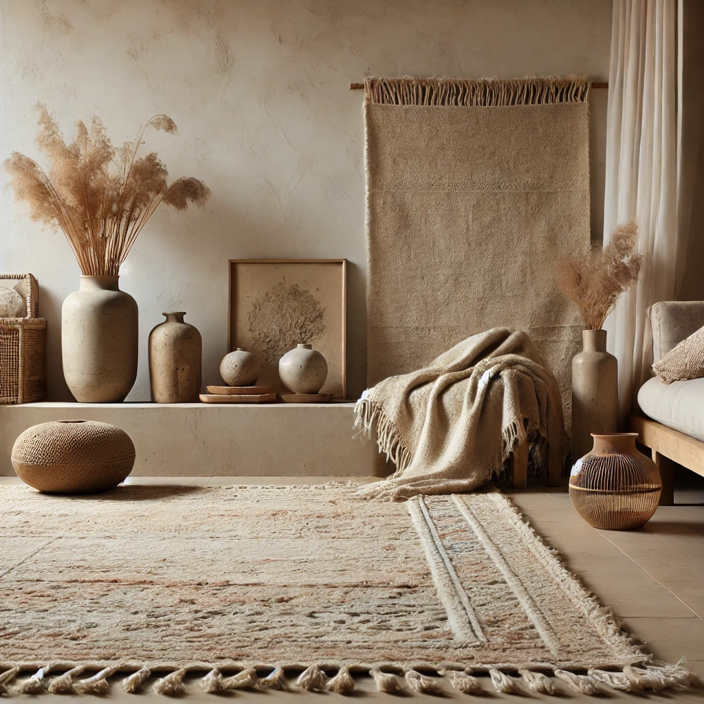 Introduction section, right after the paragraph introducing the Wabi-Sabi aesthetic.
Alt Text: A cozy living space with a Wabi-Sabi-inspired aesthetic, featuring a vintage rug, soft natural materials, and organic textures.