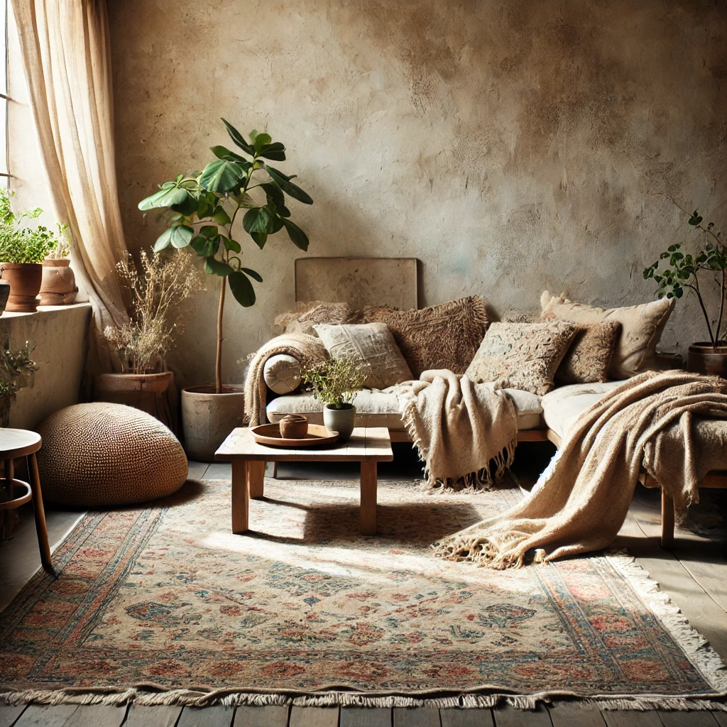 A cozy Wabi-Sabi-inspired living room featuring a vintage Persian rug with earthy tones and aged beauty, surrounded by natural wood furniture and neutral textiles.