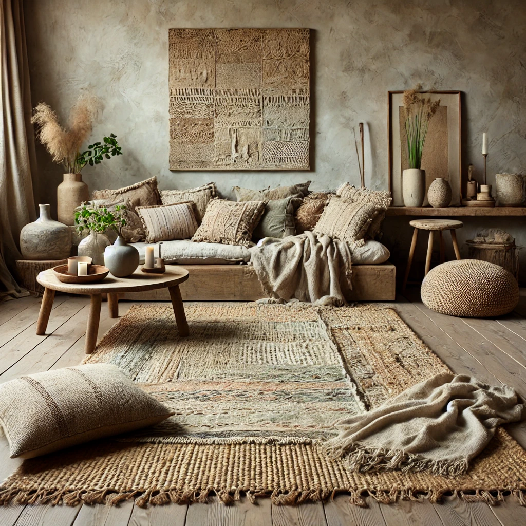 A cozy Wabi-Sabi-inspired living room featuring a beautifully styled vintage rug in muted earthy tones, layered with a jute mat for added texture. The space is grounded with natural wood furniture and linen textiles, creating a serene and imperfect ambiance.