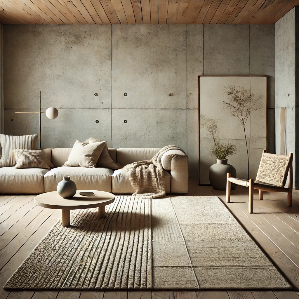 A modern Wabi-Sabi-inspired living room featuring a minimalistic modern rug in neutral tones, clean lines, natural wood furniture, and raw textured walls for a calming and organic ambiance.