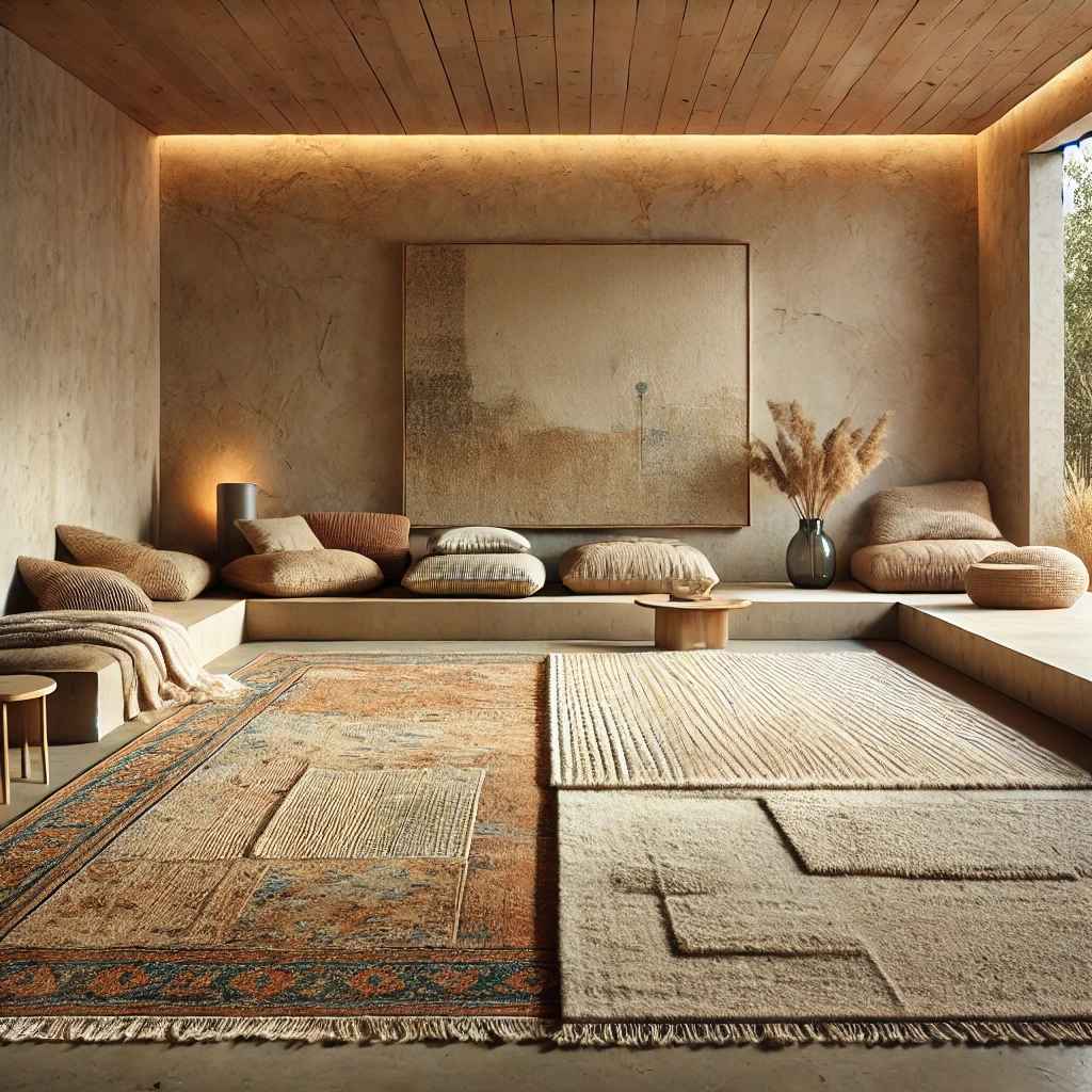 A serene Wabi-Sabi-inspired living room with overlapping vintage and modern rugs, earthy-toned pillows, textured walls, and soft ambient lighting, creating a warm and inviting atmosphere.