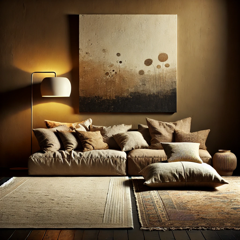 A cozy Wabi-Sabi-inspired living room with dark wooden floors, warm beige walls, and overlapping rugs—a thick modern Moroccan-style rug layered with a vintage Persian rug. The space features a comfortable beige sofa adorned with soft neutral cushions, a floor lamp casting warm yellow light, and an abstract wall painting that complements the earthy tones.