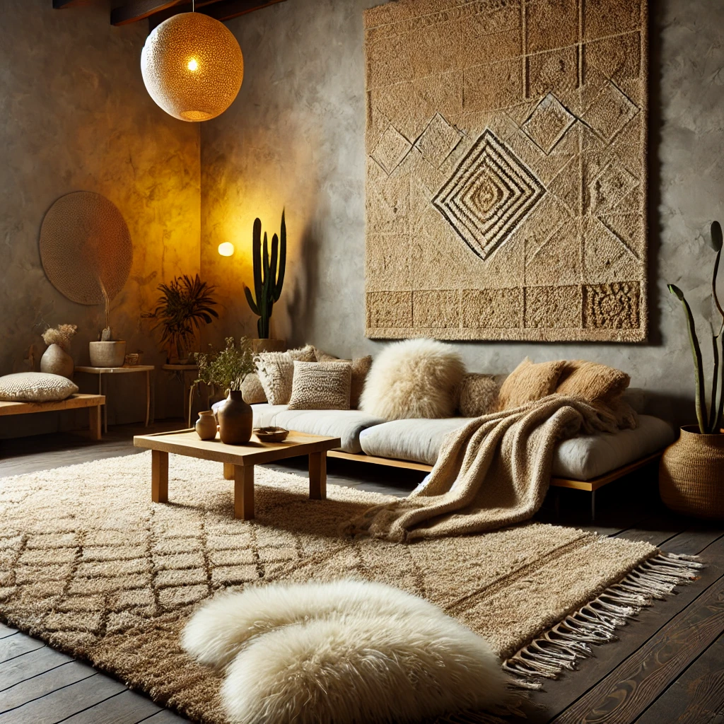 Cozy Wabi-Sabi-inspired living room with a thick modern Moroccan-style rug, overlapping layers, and a wall-hung vintage rug adding texture and warmth.