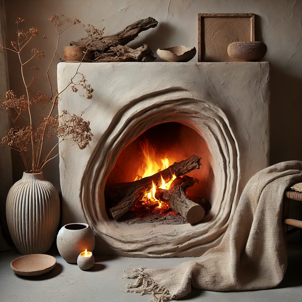 Rustic Wabi-Sabi-inspired fireplace with a glowing fire, raw plaster finish, and organic asymmetrical design. Styled with natural elements like dried branches, handmade ceramics, and a draped linen throw for a warm, cozy ambiance.