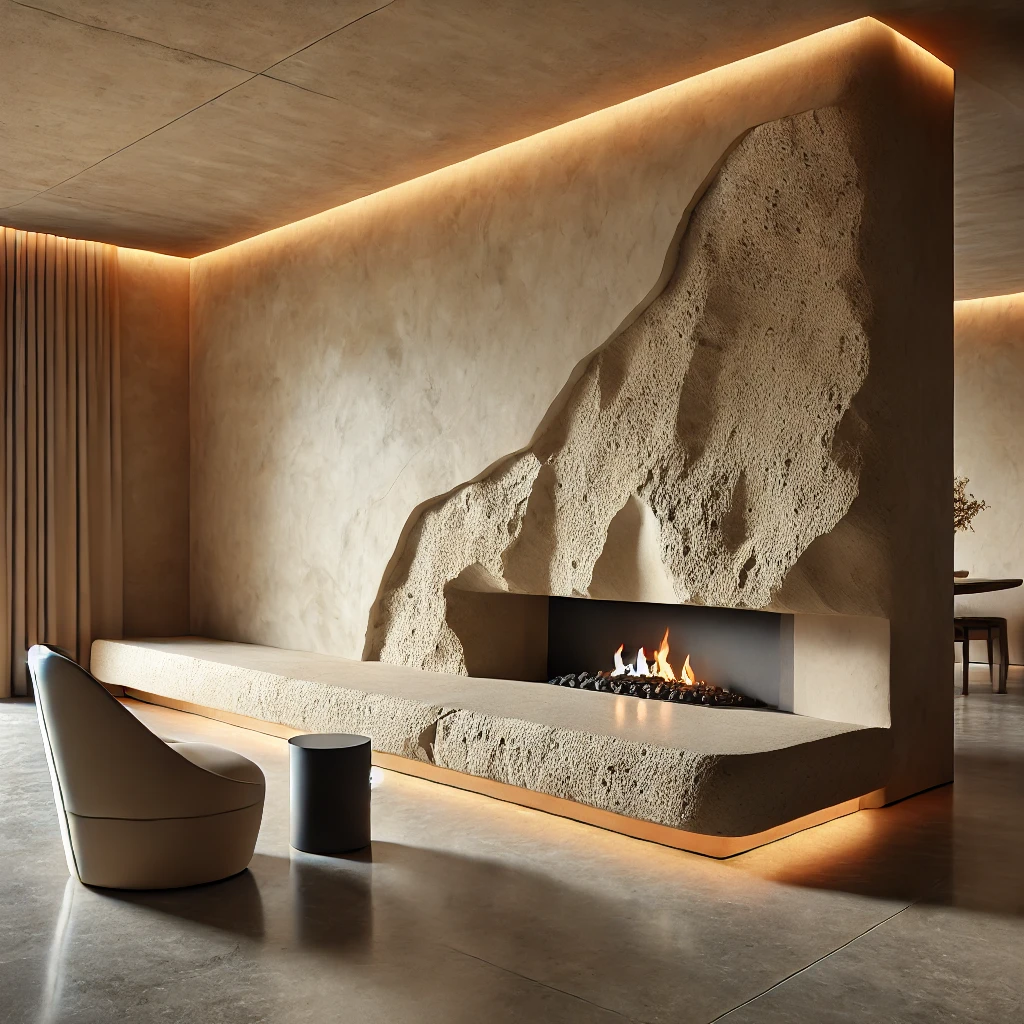 A modern minimalist living room featuring a sculptural stone fireplace with a rough-hewn stone hearth and a sleek plaster hood. The neutral-toned walls and polished concrete floor create a serene, understated ambiance, with the warm glow of the fire adding a cozy touch.