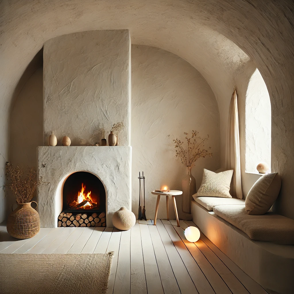 Cozy wabi-sabi-style living room with white textured walls, a small arched fireplace on the floor radiating warm light, a natural stone hearth, and minimal earthy decor, creating a serene and inviting atmosphere.