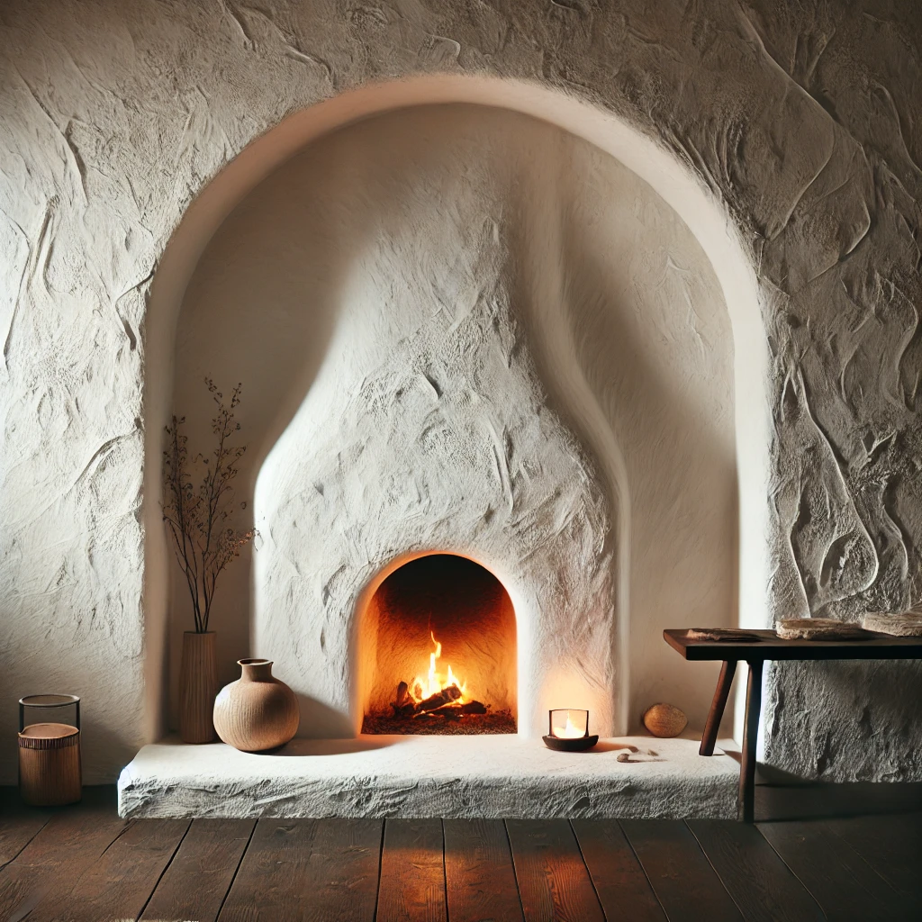 A serene, minimalist living room featuring a Wabi-Sabi-inspired fireplace. The soft, textured plaster walls frame a cozy, earthy fireplace with a warm glow. Rustic decor, including handcrafted pottery and candles, adds a natural touch to the space, complemented by dark wood flooring for a grounded, timeless aesthetic.