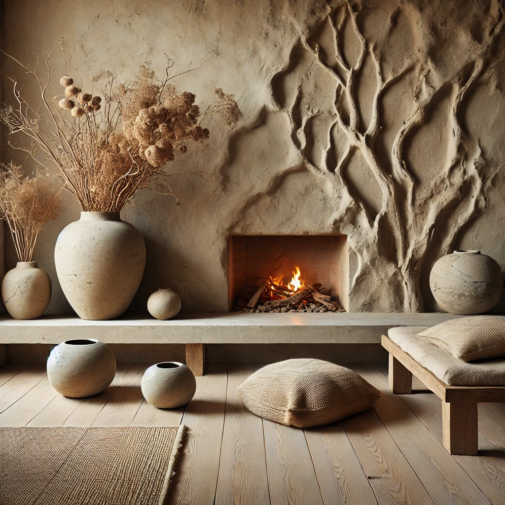 A cozy living room with earthy tones, featuring a warm fire burning in a minimalist fireplace. Large handmade pottery and textured cushions add rustic charm to the serene space. The sculpted wall art in the form of a tree branches design completes this Wabi-Sabi-inspired setting.