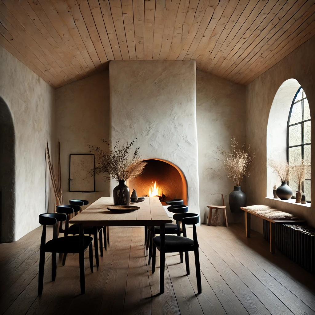 A serene wabi-sabi-inspired dining room with a white ceiling, dark wooden floors, a lit textured arch-style fireplace, a natural wood dining table, and black velvet chairs. The room is softly lit by the warm glow of the fireplace, creating a cozy and inviting atmosphere.