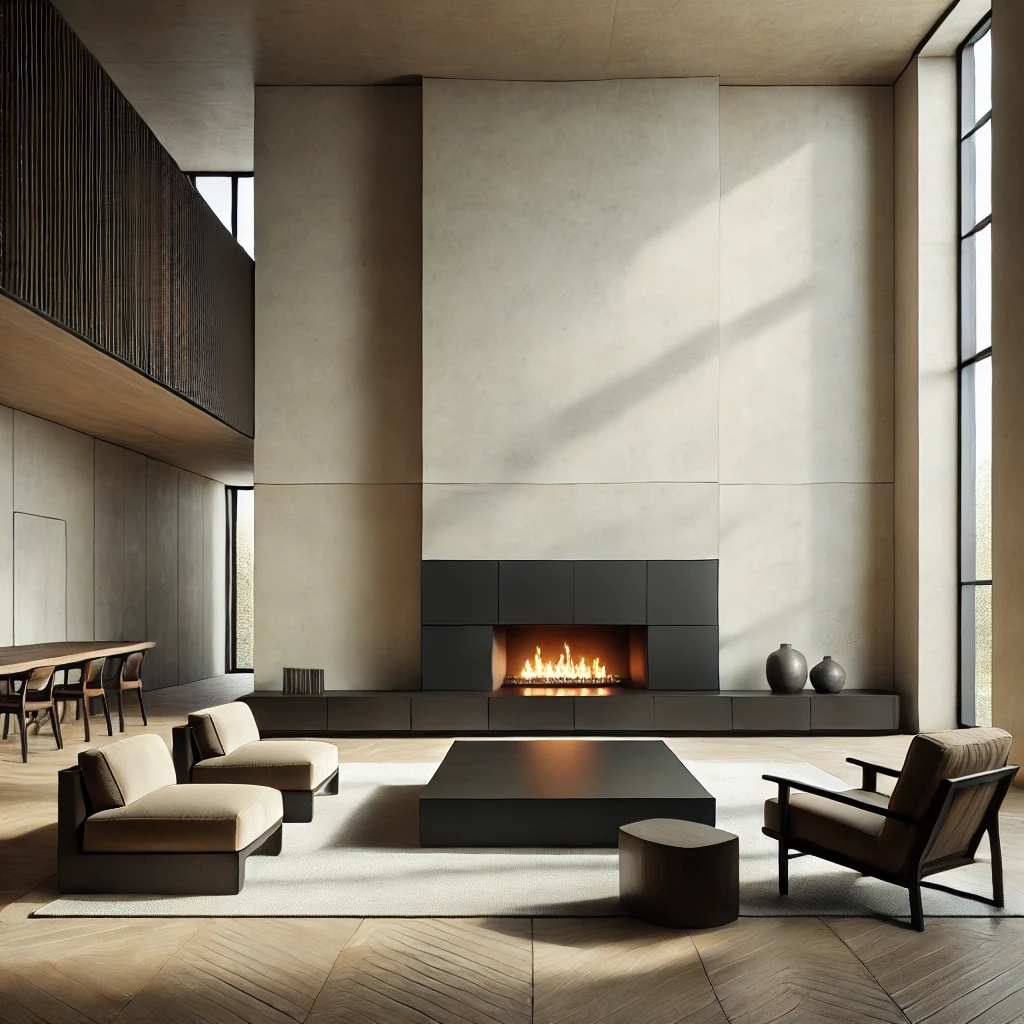 Minimalist living room featuring a black fireplace with a sleek design, set against plastered white cream walls. The space includes dark wood furniture, a wooden table, and high ceilings, creating a serene, modern atmosphere.