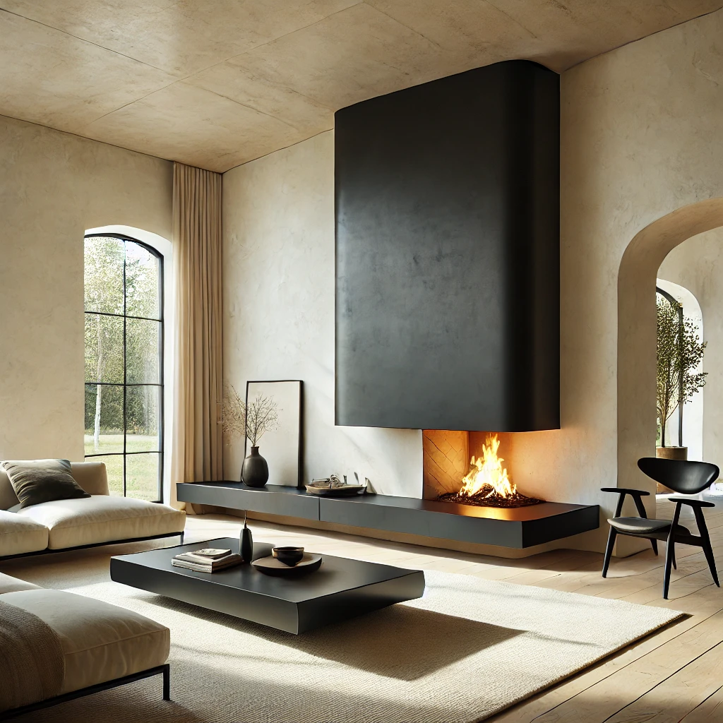 Modern minimalist living room featuring a sleek black fireplace that hangs from the ceiling, surrounded by warm plaster walls. The room includes a low-profile black coffee table, a comfortable beige sofa, and a black lounge chair. Natural light filters through large windows, creating a cozy yet contemporary atmosphere.