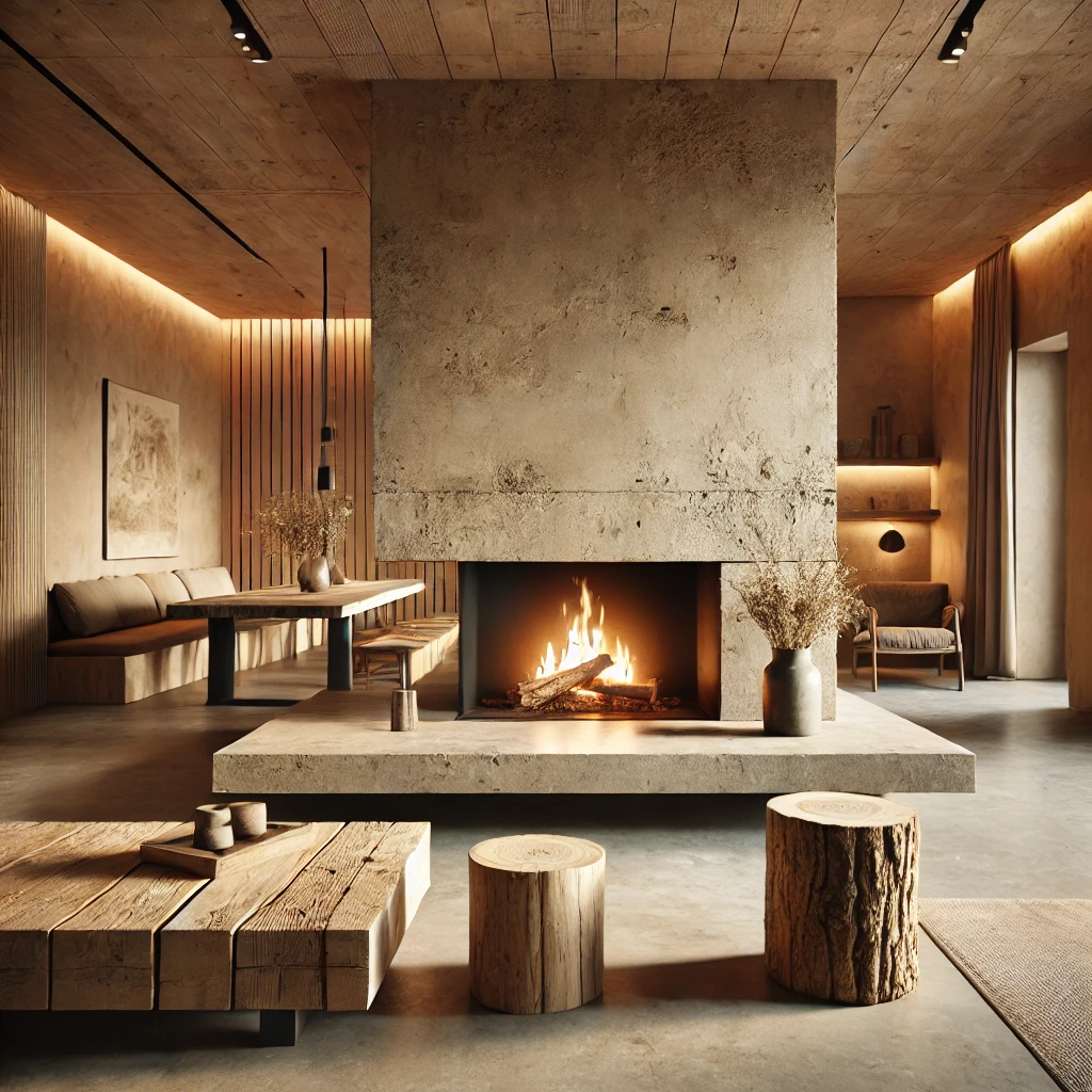 Minimalist living room with a rustic Wabi-Sabi-inspired fireplace, featuring a modern concrete surround and a warm wood coffee table. The natural textures of wood and stone create a calming, earthy atmosphere, complemented by a lit fire. Ideal for showcasing rustic elegance and cozy, soulful living spaces.