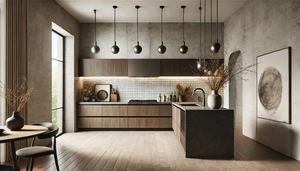 Modern rustic kitchen featuring sleek minimalistic design with clean lines, wood accents, and minimalist furniture. The space combines contemporary style with natural materials, creating a warm and inviting atmosphere with earthy tones and subtle modern features.