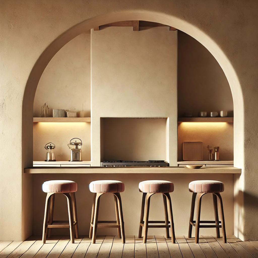 A modern rustic kitchen featuring a large smooth beige plastered arch, with a clean and minimalist design. The kitchen island stands outside the arch, while the room is illuminated with warm, soft lighting. Dark wood bar stools with a subtle pink velvet cushion add a touch of elegance to the setting.