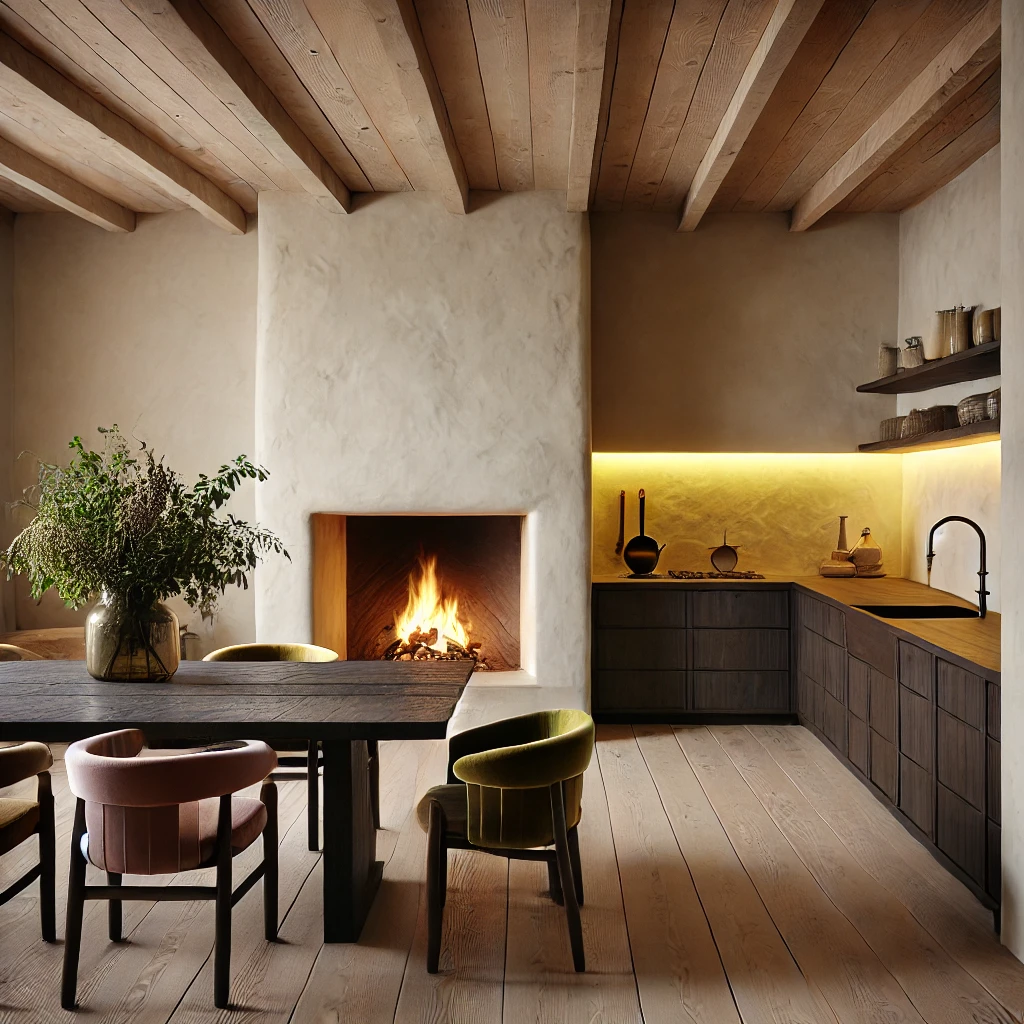 Modern Wabi-Sabi-inspired kitchen featuring light cream plastered walls, dark rough wooden floors and cabinetry, and minimalist design. A small fireplace is included, with a rustic touch. Dark wood dining chairs with velvet cushions in green and pink complete the cozy, warm atmosphere.