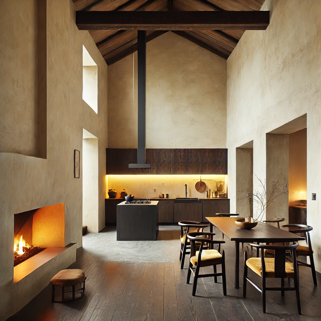 A minimalist, modern kitchen with soft beige plastered walls and a sleek wood dining table surrounded by dark wooden chairs with light cushions. The kitchen features light wood cabinetry, a black pendant light hanging above the table, and a black range hood. A cozy fireplace with flames adds warmth to the room, enhancing the welcoming atmosphere. The lighting is soft, with a warm glow along the kitchen counter, and the floor is covered with dark wooden planks.