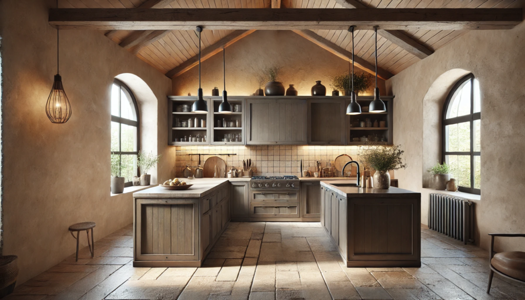 A modern rustic kitchen featuring a sleek kitchen island with a stainless steel countertop, under warm pendant lighting. The walls are soft beige with subtle texture, and the space includes dark wooden cabinets and a simple aesthetic. Natural light filters through large windows, highlighting the clean, minimalist design with a cozy atmosphere. The kitchen also features rustic elements like a wooden shelf and decorative plants, adding to the earthy ambiance.