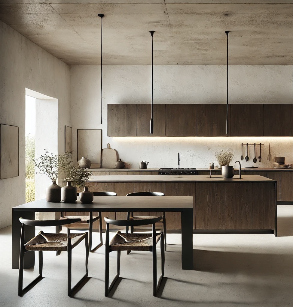 A minimalistic kitchen with dark wooden cabinets, a central island, and a sleek countertop. The space features three modern pendant lights hanging above the island. The warm, earthy tones of the furniture complement the neutral walls, and natural light streams in from the window, creating a calm and inviting atmosphere. The kitchen is designed with functional, modern elements such as a gas stove, a faucet, and a range of simple kitchenware arranged on the countertops. A dining table with minimalist chairs adds to the cozy, rustic feel of the room.